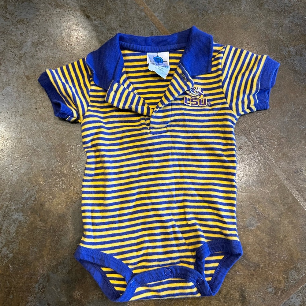 LSU Striped Baby Onesie - purple and Yellow